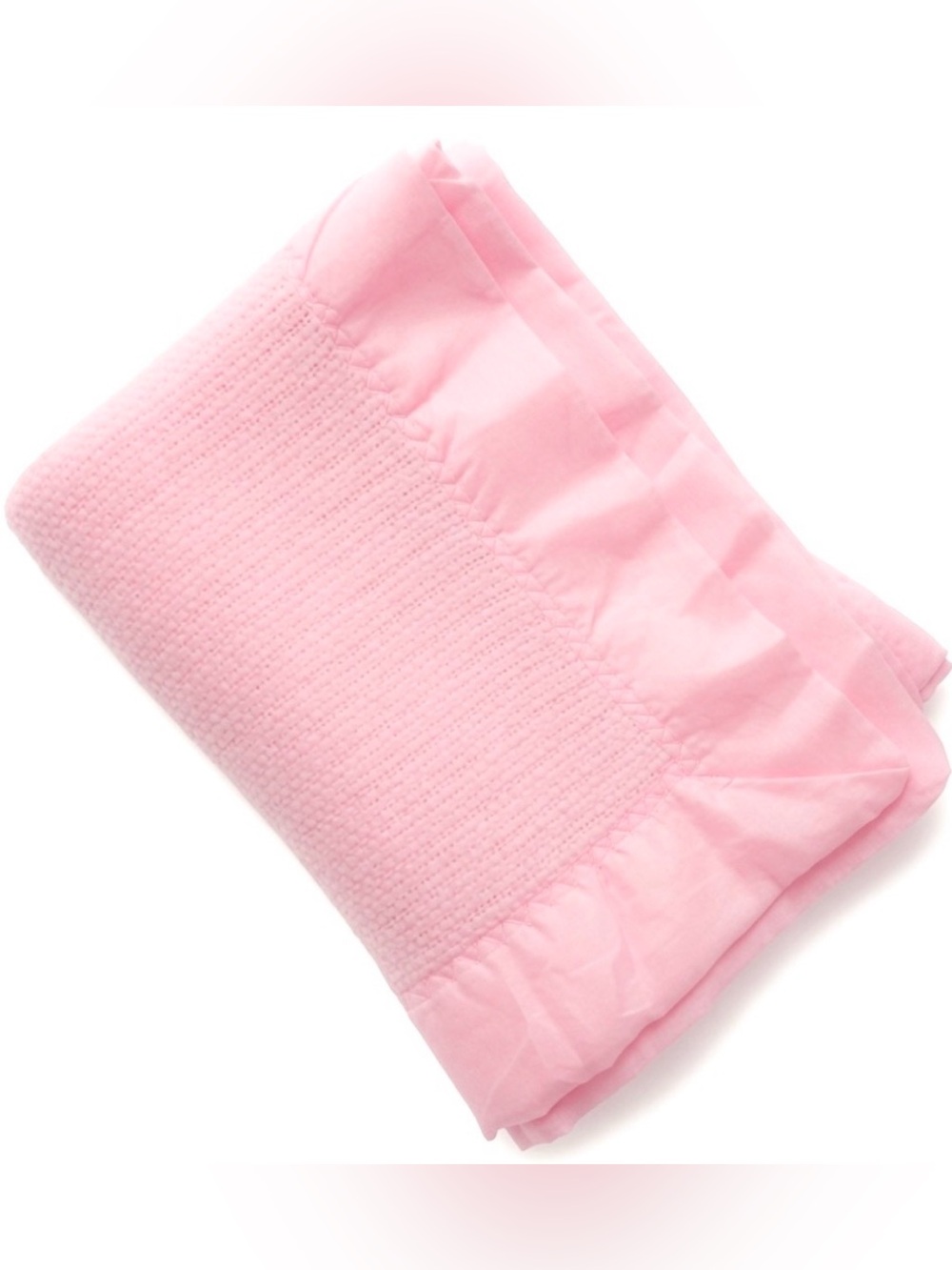 Vintage EUC Beacon Pink Satin Trim Open Weave Waffle Knit Baby Blanket 36”x48”